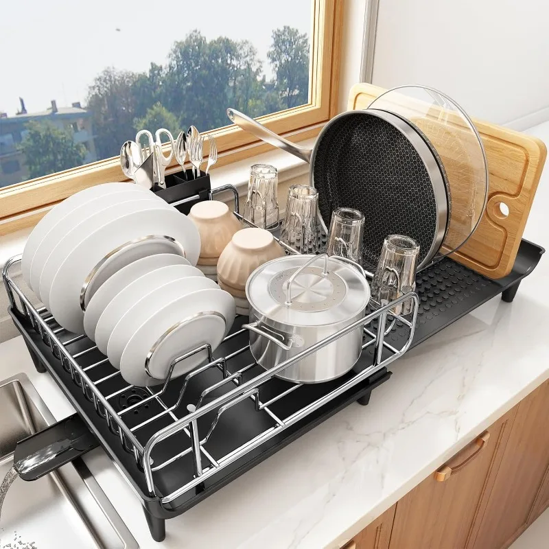 

Dish Drying Rack - Expandable Dish Rack for Kitchen Counter, Large Dish Drainer with Pan Holder, Stainless Steel