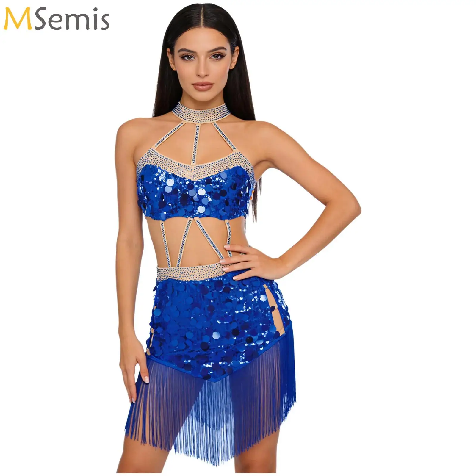 

Womens Latin Dance Fringed Dress Sequins Rhinestones Tassel Built-in Briefs Bodysuit Dress for Tango Cha-cha Proms Performance