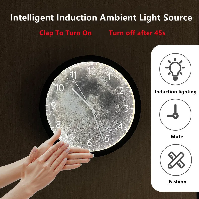 30cm Intelligent Voice Controlled Lighting Wall Clock Moon Earth Uranus Light Luxury Mute LED Home