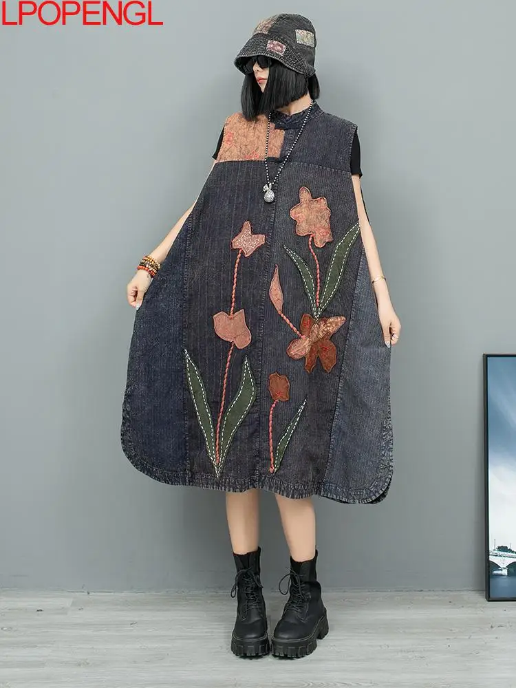 New Women's Vintage Distressed Embroidered Pullover Spliced Loose Sleeveless Stand Collar Patch Straight Oversized A-line Dress