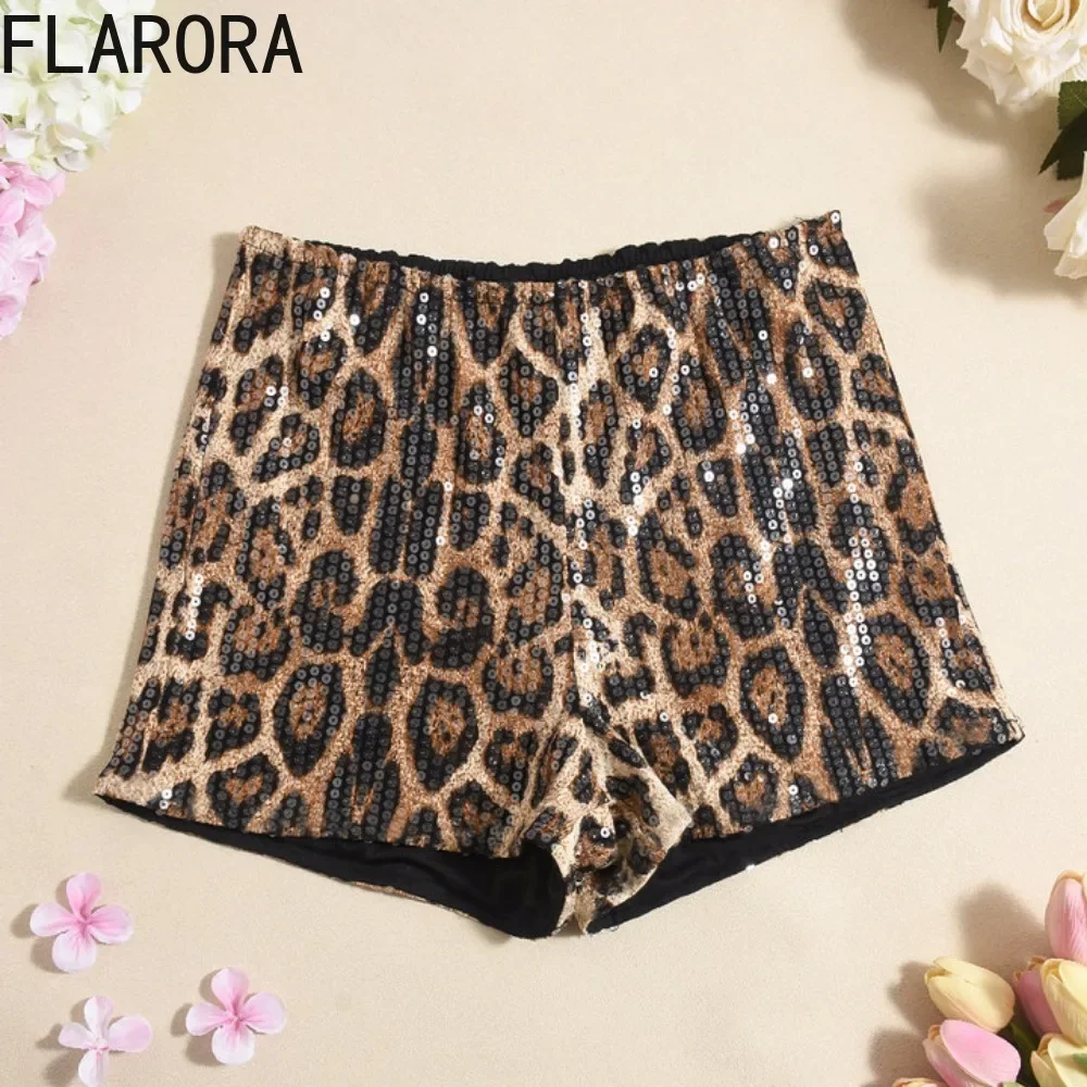 FLARORA Moda Leopar Baskı Payetler Şort Kadın Yüksek Bel Slim Fit Mini Dipleri Seksi Kadın Clubwear Y2K Sokak Giyim