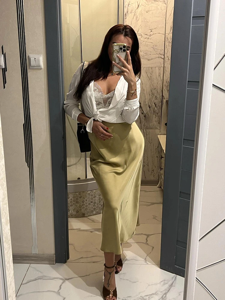 Fashion Satin Party Long Skirt High Waist Solid Color Casual Basic Women Skirts Fishtail Skirt Chic Summer Woman Clothing 2025