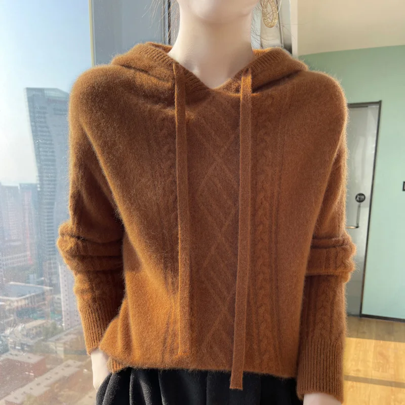 Hot sale new style  cashmere wool ladies hooded sweater loose high-end long-sleeved knitted solid color wool pullover winter