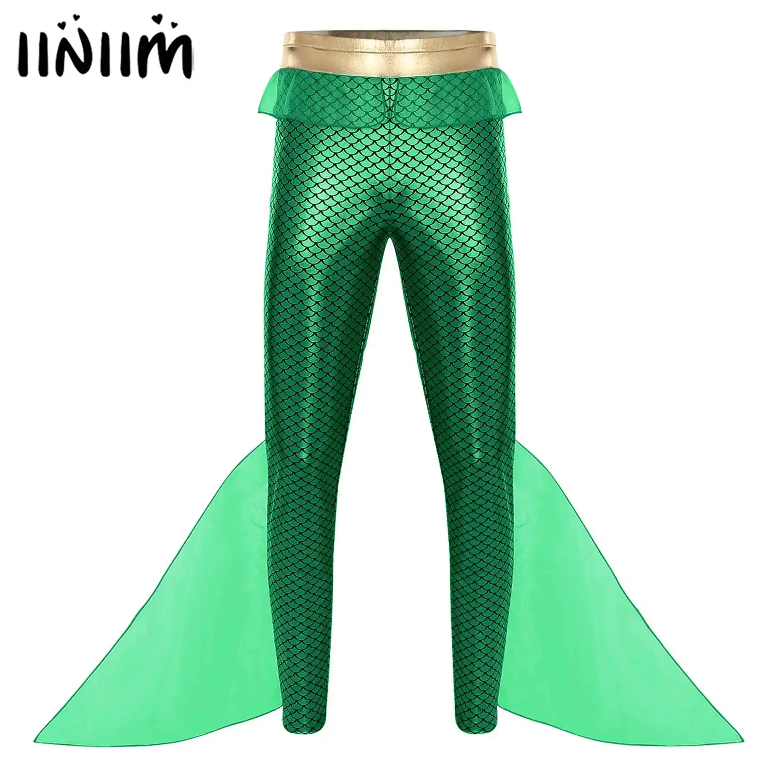 Mens Mermaid Seas Pants Halloween Outfit King Cosplay Costume Mermaid Fish Scale Print Metallic Shiny Tights Pants Leggings