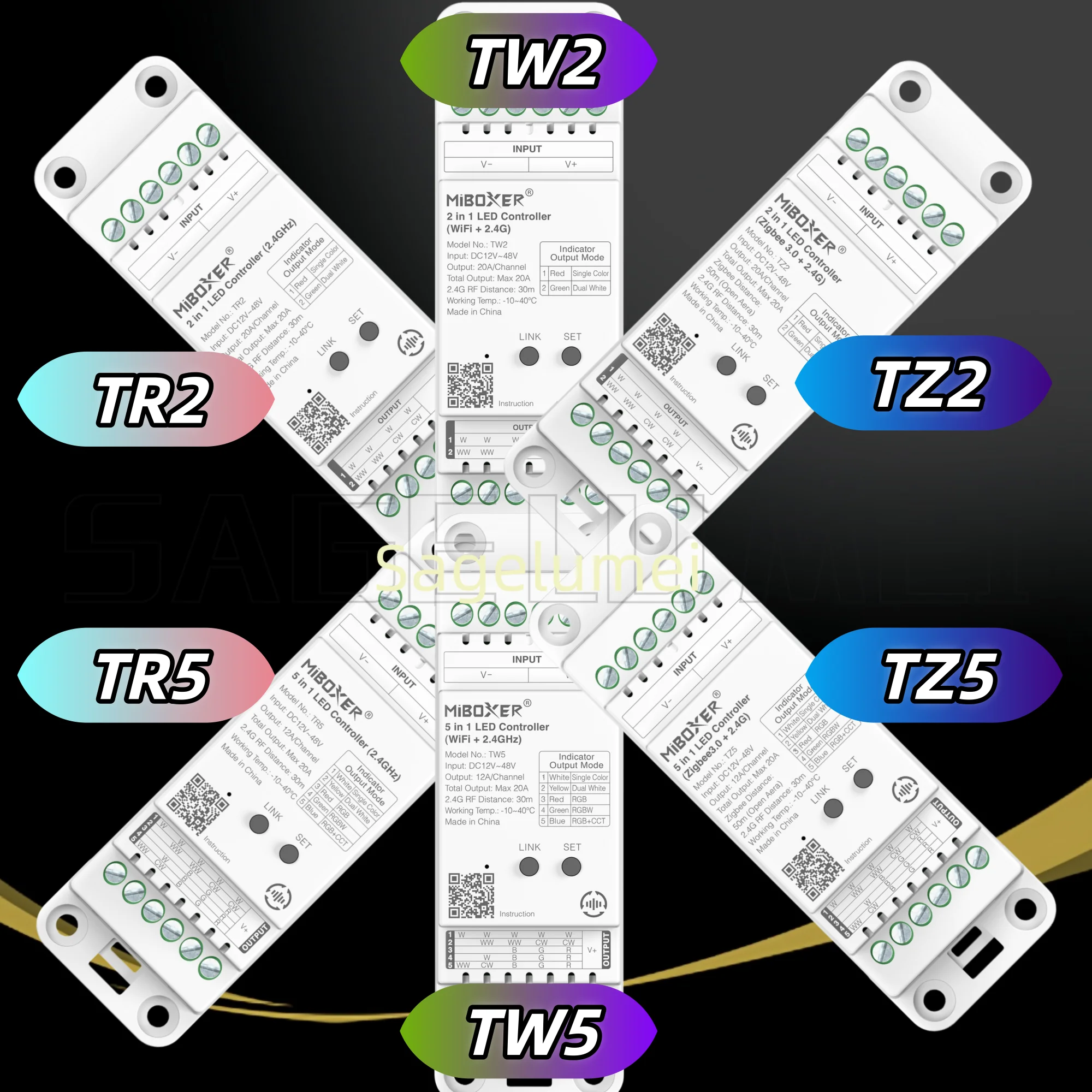 

5 in 1 TR5 TW5 TZ5 MiBoxer 2 in 1 TR2 TW2 TZ2 2.4G RF / WiFi / ZigBee Din Rail Track LED Controller for DIM/CCT/RGB/RGBW/RGBCCT