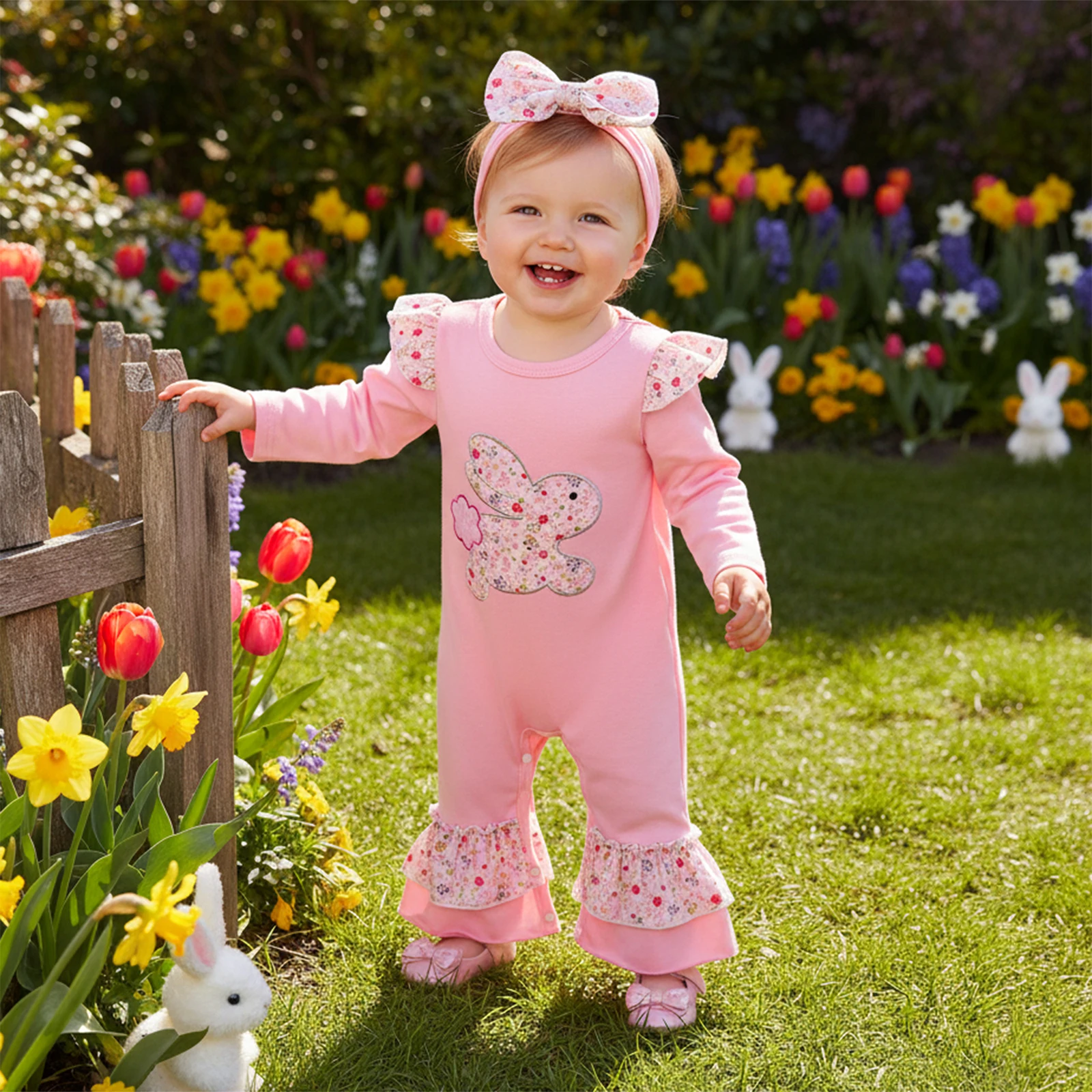 Baby Girl Easter Jumpsuit Long Sleeve Round Neck Floral Bunny Embroidery Rompers
