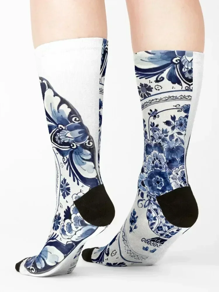 Royal Delft Blue Flower Basket Socks sports and leisure cotton Stockings compression christmas stocking Mens Socks Women's