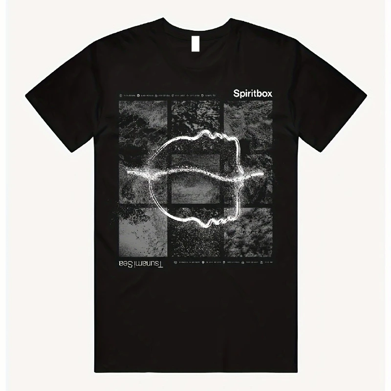 Spiritbox Tsunami Ocean Tracklist Print T-Shirt - Unisex Casual Short-Sleeve Black with Abstract Art Pattern and Spiritbox Print