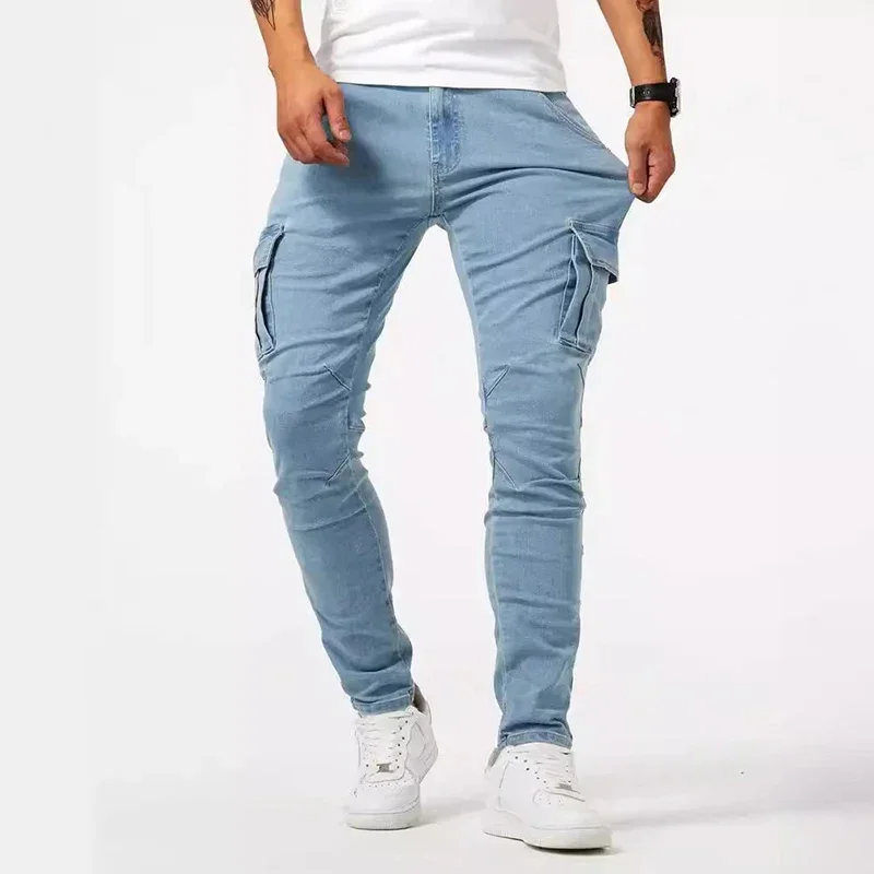 Men Casual Pencil Jeans Male Elastic Multi Pocket Small Slim High Street Denim Pants Wash Solid Color Mid Waist Cargo Jeans