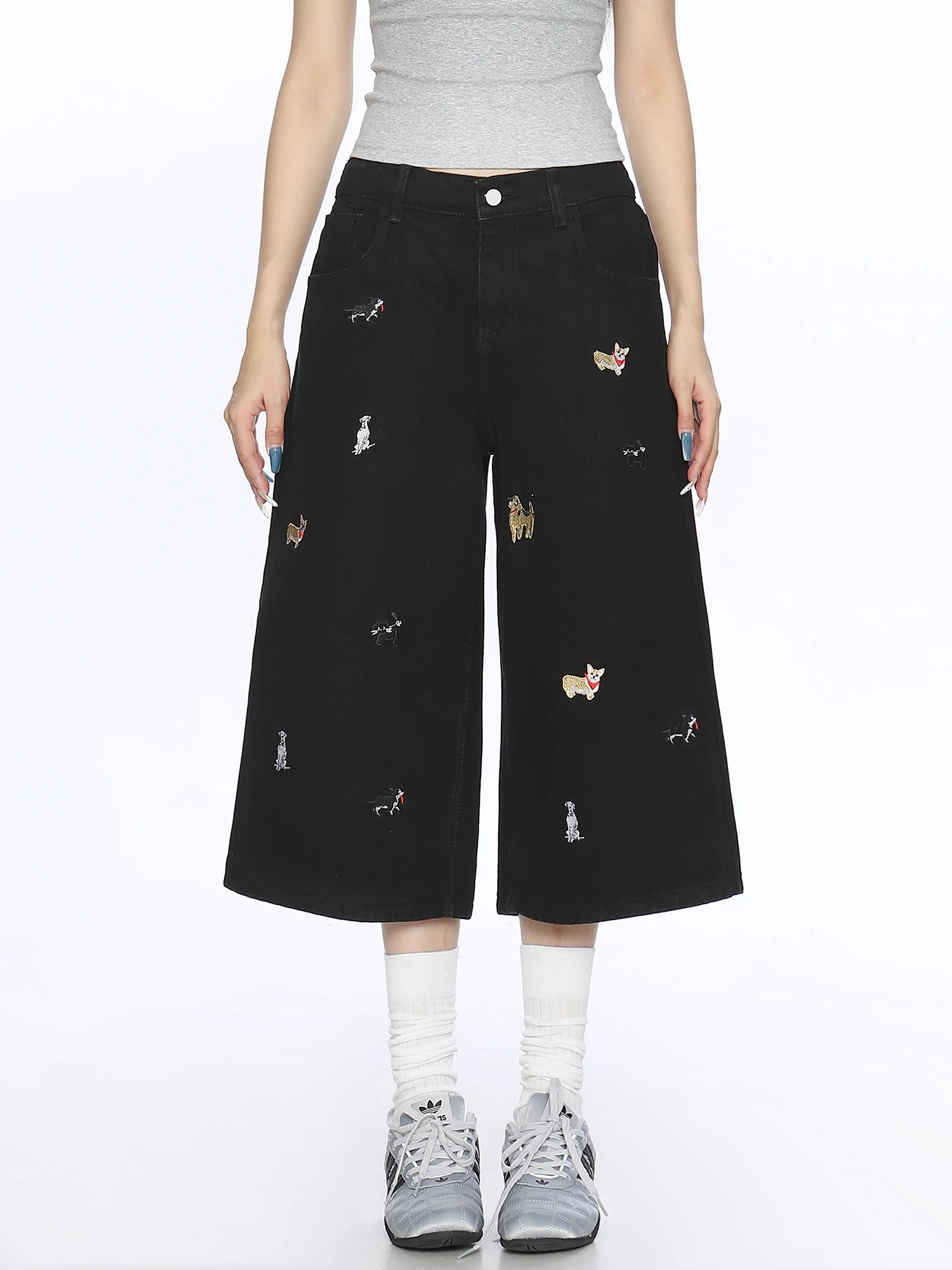 

Новые летние женские джинсы-шорты с вышивкой в виде собаки, широкие штанины, скинни, с высокой талией, синие, повседневные, винтажный стиль