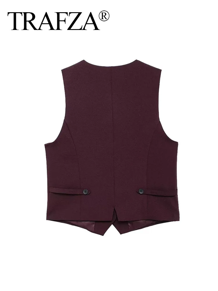 TRAFZA 2024 Female Streetwear Style Chic Tops Wine Red V-Neck Sleeveless Buttons Single Breasted Summer Vest Tops Woman Trendy