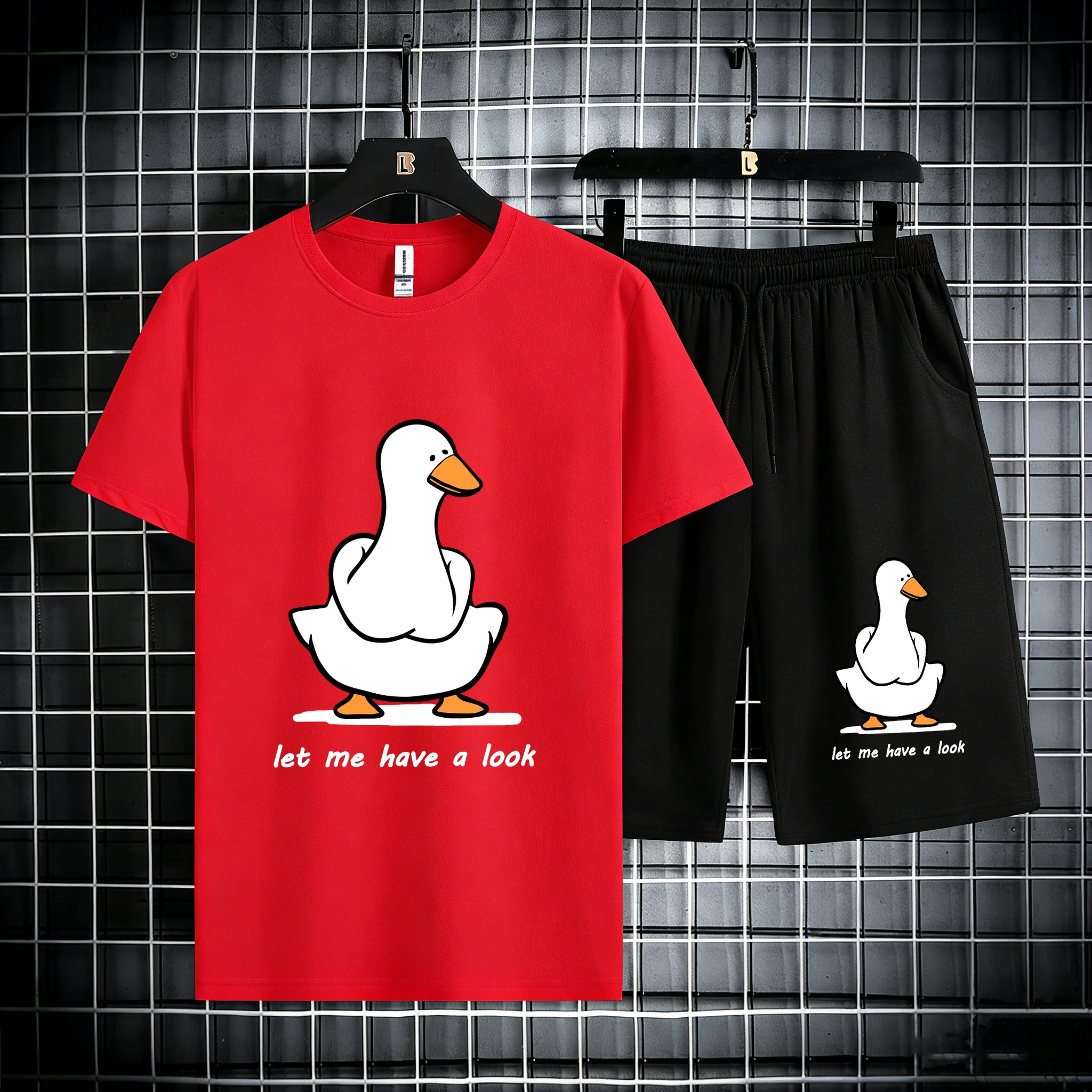 

Let Me Have A Look Goose Print Simple Summer O-Neck Short Sleeve Man Comfortable Cotton Britches 2Pc Set Running New Streetwear