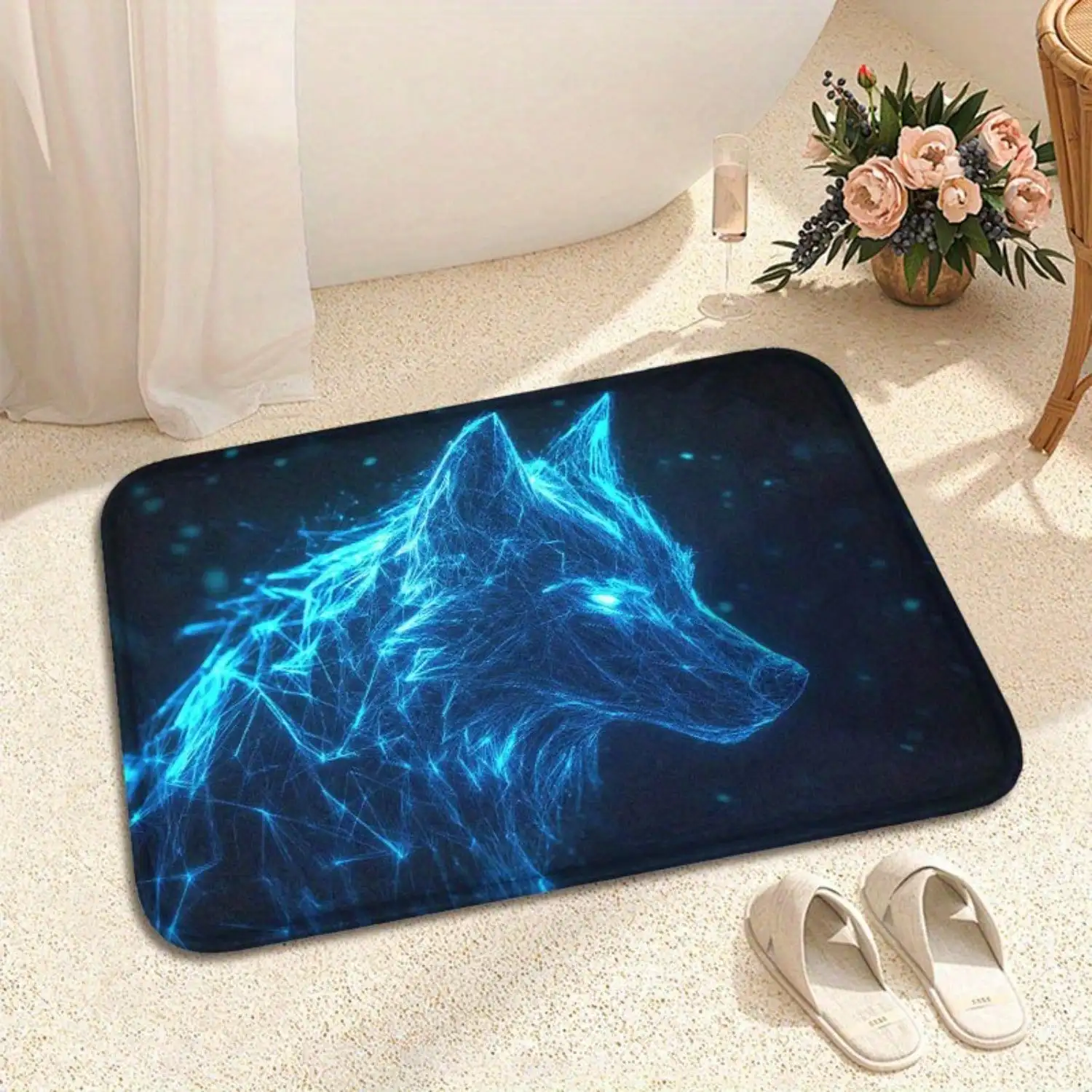 1pc Glow-In-The-Dark Blue Wolf Pattern Doormat - Neon Lines On Dark Background, Machine Washable Indoor/Outdoor, Suitable For Bathroom, Kitchen, Entrance And
