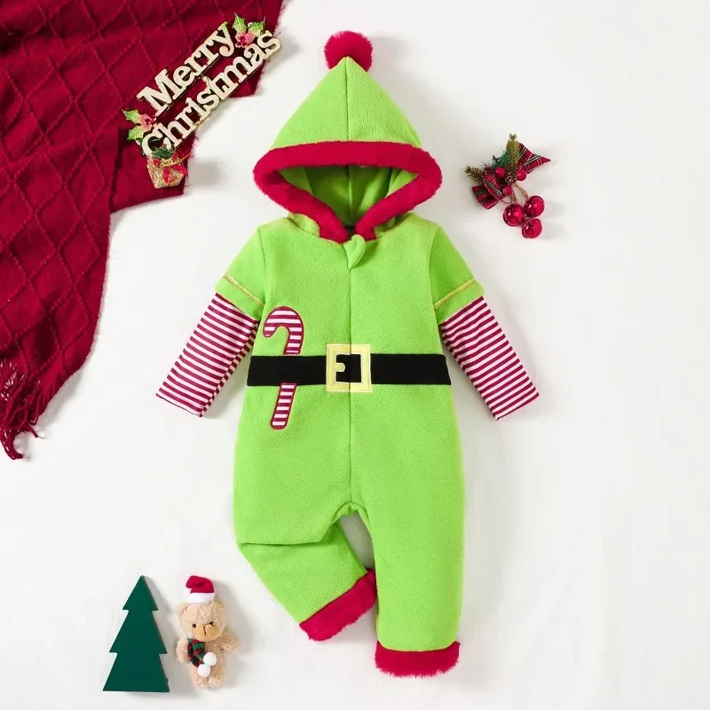 Newborn Infant Baby Boys Girls Christmas Elf Romper Green Hooded Jumpsuits One-pieces Toddler Outfits