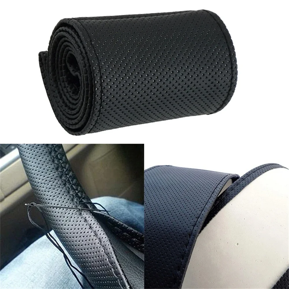 غطاء جديلة عجلة قيادة السيارة ، إبر وخيط ، مجموعة أغطية سيارة من جلد البولي يوريثين ، نسيج ذاتي الصنع ، إكسسوارات سيارات ناعمة ، سوداء ، 37-38