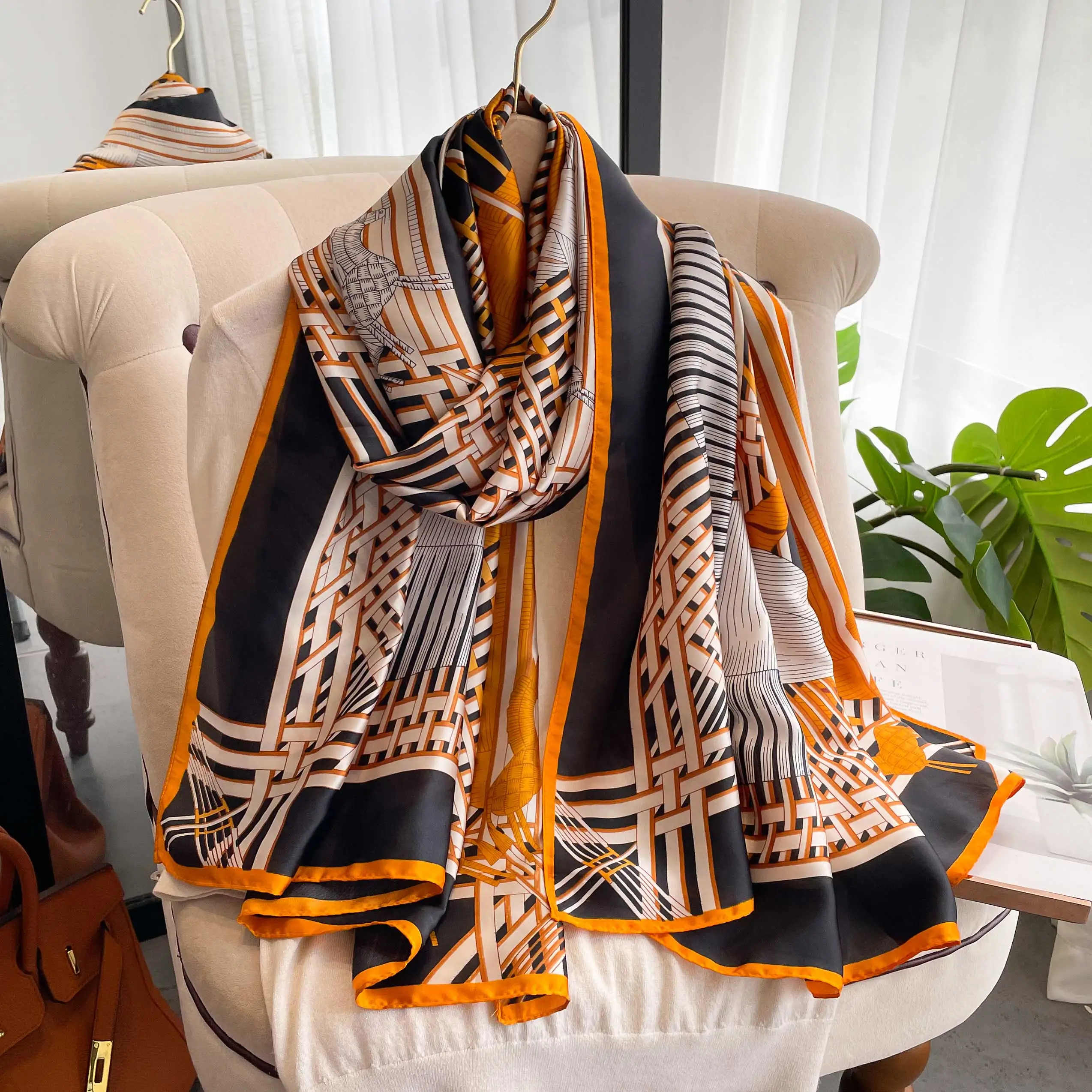 New 180*90cm classic Silk Scarf Women Foulard Office lady Large Fashion Print Beach Hijab shawl warp bandanna muffler pareo