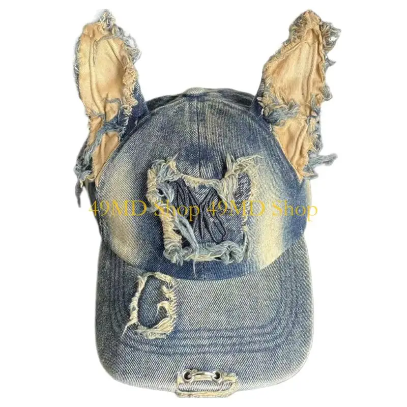49MD Cool Dog Ear Hat Distressed Fabric Hat Baseball Hat for Women Men Daily Use