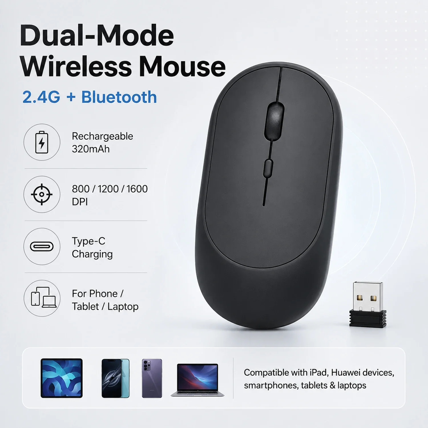 Rechargeable Wireless Mouse Bluetooth 2.4G Dual Mode Silent Click 1600 DPI USB Mouse For Laptop Tablet iPad PC Portable Mouse