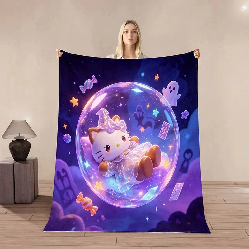 Cute Hello Kitty Halloween Flannel Blanket, Magic Candy Ghost Motif, Warm Breathable Throw, Indoor Outdoor Holiday Gift Choice