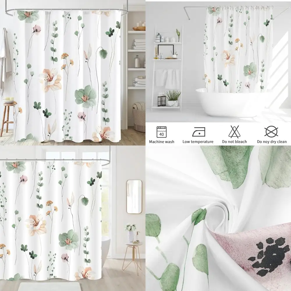 

Занавеска для душа с акварельным цветочным принтом, занавеска для душа из шалфея, зеленого, бежевого цвета для ванной комнаты, современная минималистичная белая водонепроницаемая занавеска