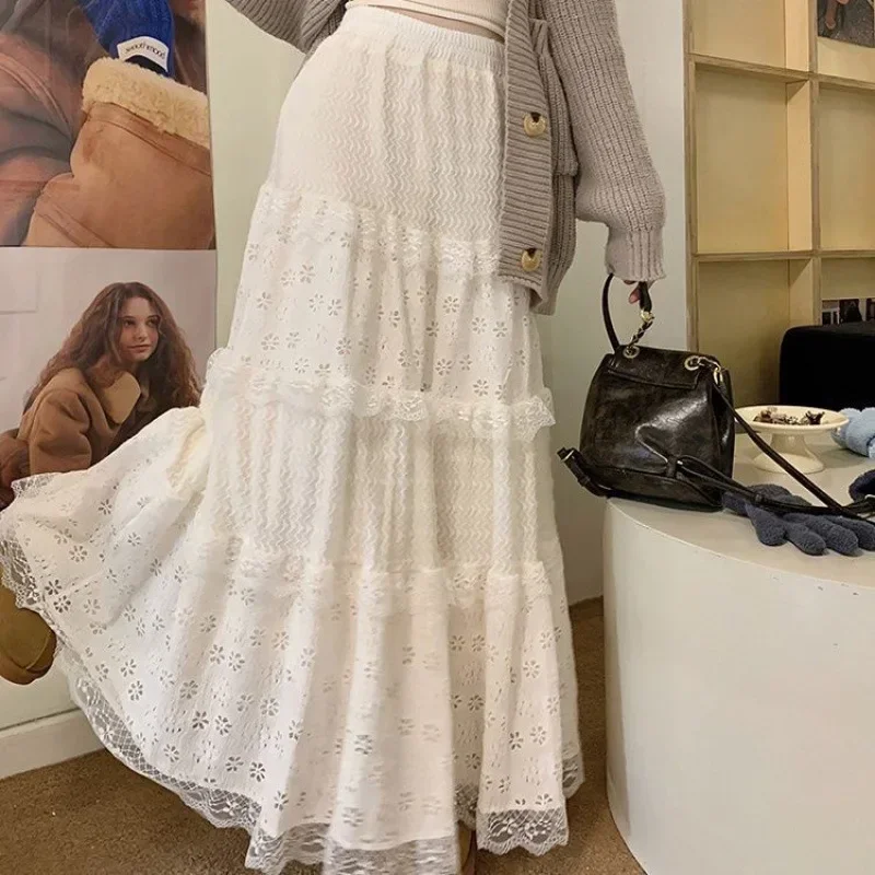 

Белая балетная стильная полуюбка, женская осенне-зимняя мини-платье трапециевидной формы с кружевом для торта, длинная юбка, чистый цвет с кружевом