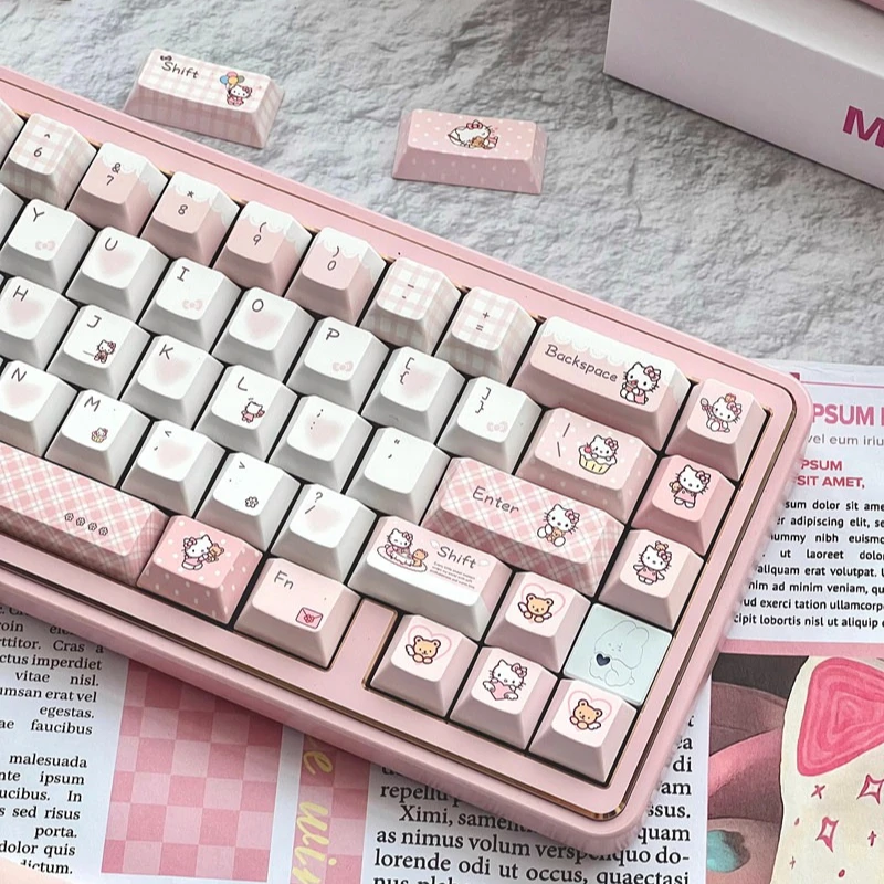 Cute Hello Kitty Pink Keycaps Cherry Profile PBT Five-side Sublimation for Alice ISO Layout MX Switch Mechanical Keyboard Keycap