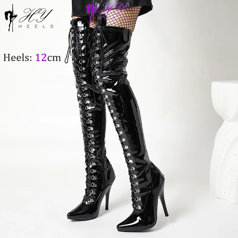 Sexy Black Over-The-Knee 12Cm/5Inchs Thigh High Boots Shiny Leather Long Stripper Women Boots High Heels Shoes Female