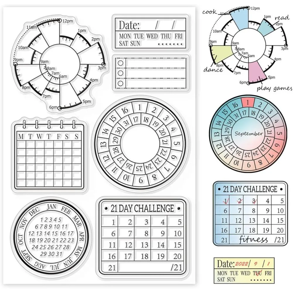 1Sheet Time Record Clear Stamps Time Pie Chart Stamp Calendar Planner Transparent Stamp for DIY Scrapbooking Journal Card Making