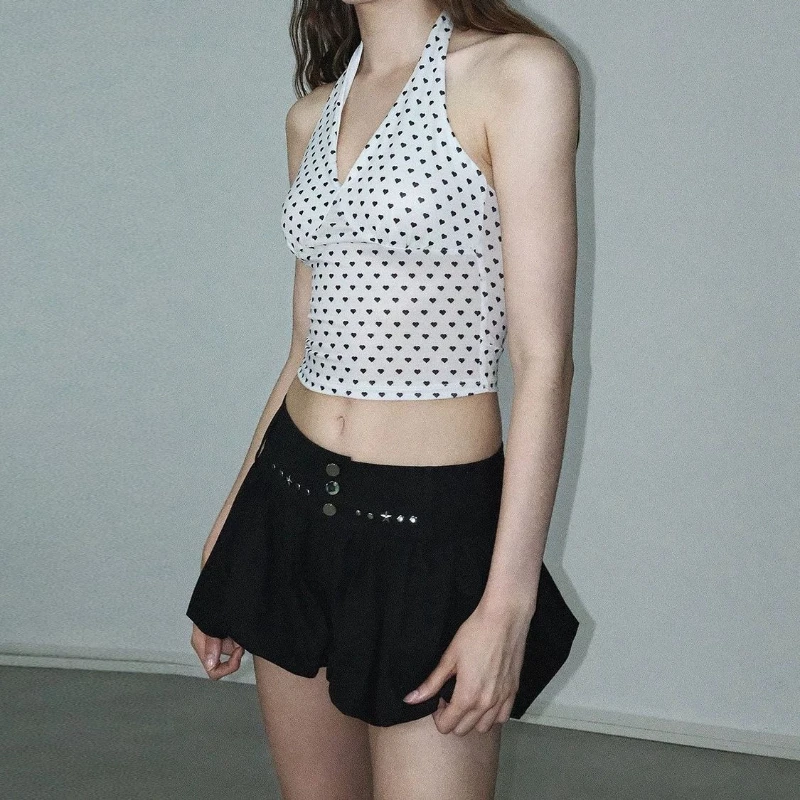 Women Khaki Green Rivet High Waist Bubble Skort, Slim Bloom Lantern Puff Three Quarter Casual Skirt Shorts