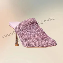 Rose Red Rhinestone Decor Metal Heel Pointed Toe Slippers Slip On Women Shoes Thin High Heels Fashion 2023 Zapatos Para Mujere