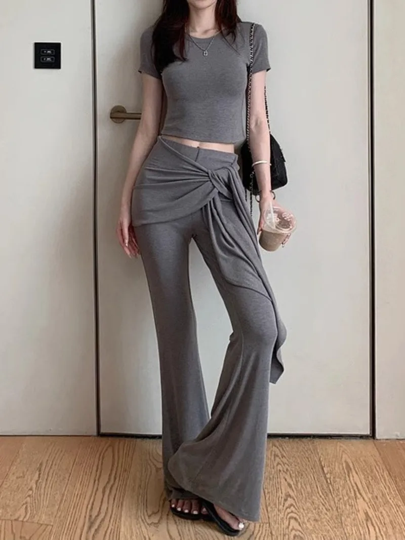 

Stylish Soft Slim T-Shirt Pant 2 Piece Set Women's 2025 New Casual Solid Short Sleeve Tops Lace Up Flared Pant Lady Chic Outfits