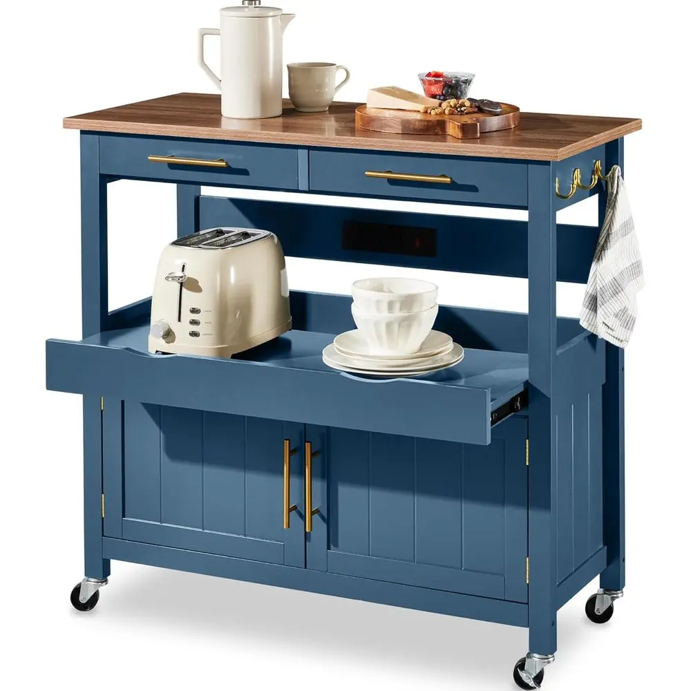 36in Large Rolling Kitchen Island Cart, 2-Door Cabinet, 2 Ders, Pull-Out Shel, Power Outlet, Hooks, & Swivel Lockable Wheels - B