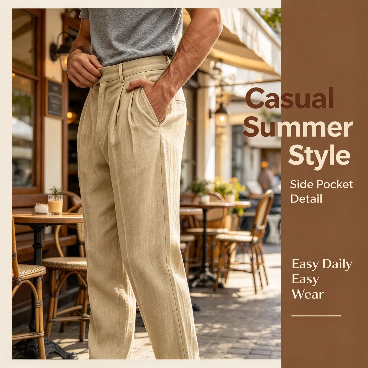 Mens Casual Pants Straight Leg Pleated Front Khaki Chinos Linen Blend Lightweight Business Summer Trousers