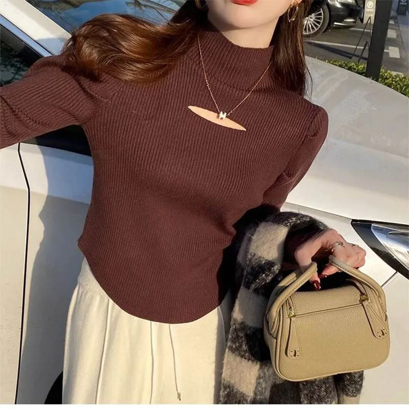 Women Clothing Fashion Half High Collar Solid Knit Pullovers Autumn Winter Elegant Chic Folds Long Sleeve Sweaters All-match Top