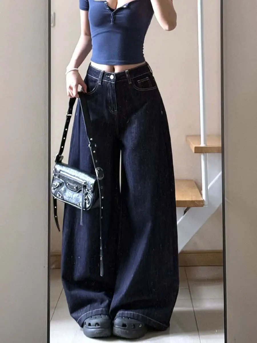 أنيقة خمر الأزرق الداكن واسعة الساق الجينز النساء عالية الخصر سليم صالح مستقيم الساق السراويل الحد الأدنى اللف الطابق طول الدنيم #6