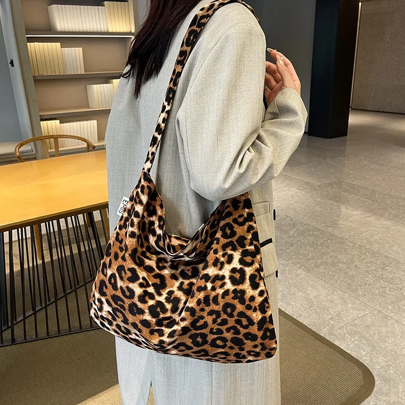 LEFTSIDE Cloth Leopard Shopper Shopping Underarm Bags Lady Large Shoulder Bag for Women 2024 Winter New Trend Y2K Handbags