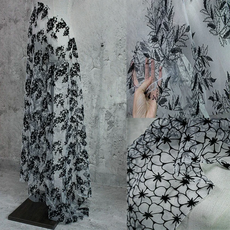 Mesh Flocking Fabric Black Lace Embroidery Wedding Dress Curtain Doll Clothes Background Handmade DIY Fabric