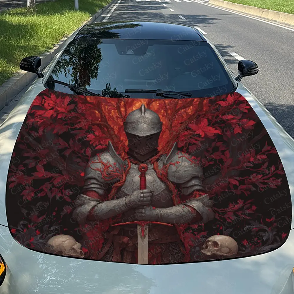 Blood Knight And Skull Car Hood Wrap Colorful Vinyl Waterproof Sticker For Trucks, Decorative Bonnet Graphics High Quality Gifts