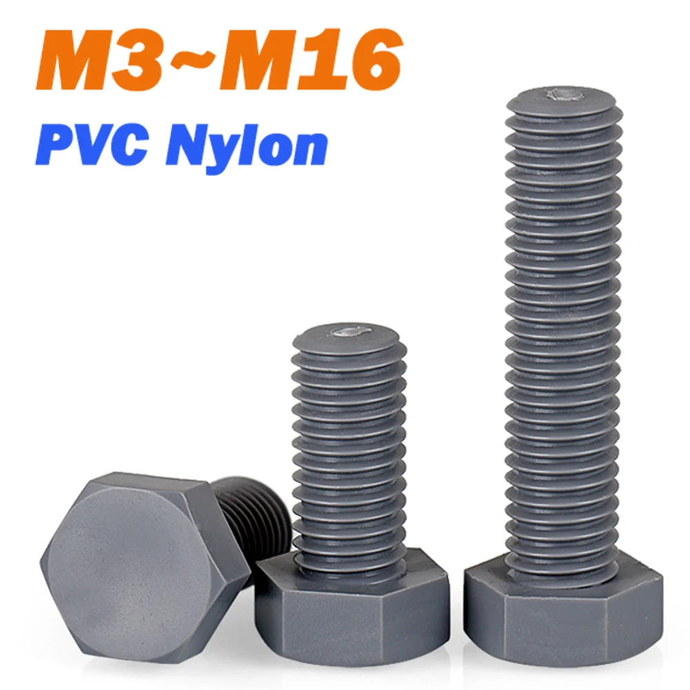 Grey PVC Nylon External Hex Head Screws M3 M4 M5 M6 M8 M10 M12 M14 M16 Hexagonal Screw Electrical Resistance Bolt