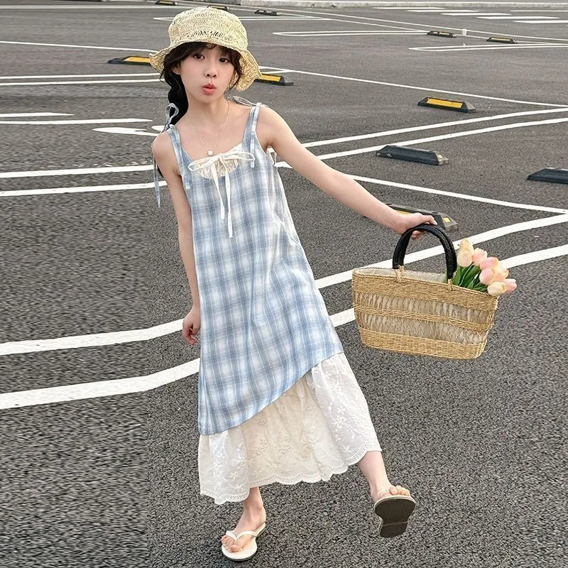 

Gingham Strap Dress Korean Children's Clothes 2025 Princess Girl 4 Years Holiday Dresses Suit for Girls Flower From 5 6 8 12 Old