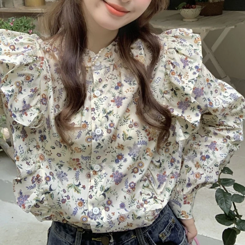 Floral Shirts Women Ruffles Vintage Prairie Chic Tops Sweet All-match French Style Aesthetic Students Casual Streetwear Tender