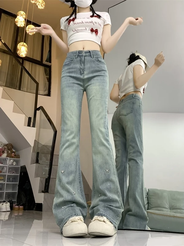 

Синие джинсы-колокольчики с высокой талией, женские летние тонкие длинные брюки больших размеров с эффектом похудения, американский ретро, большие размеры