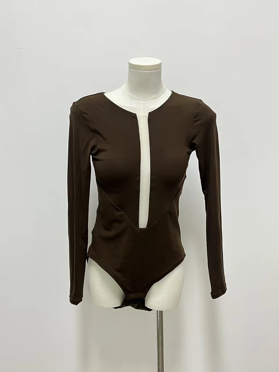 TWOTWINSTYLE الصلبة الحد الأدنى المألوف Playsuit للنساء الرقبة العميقة طويلة الأكمام التخسيس مثير مزاجه بلايسوت الإناث
