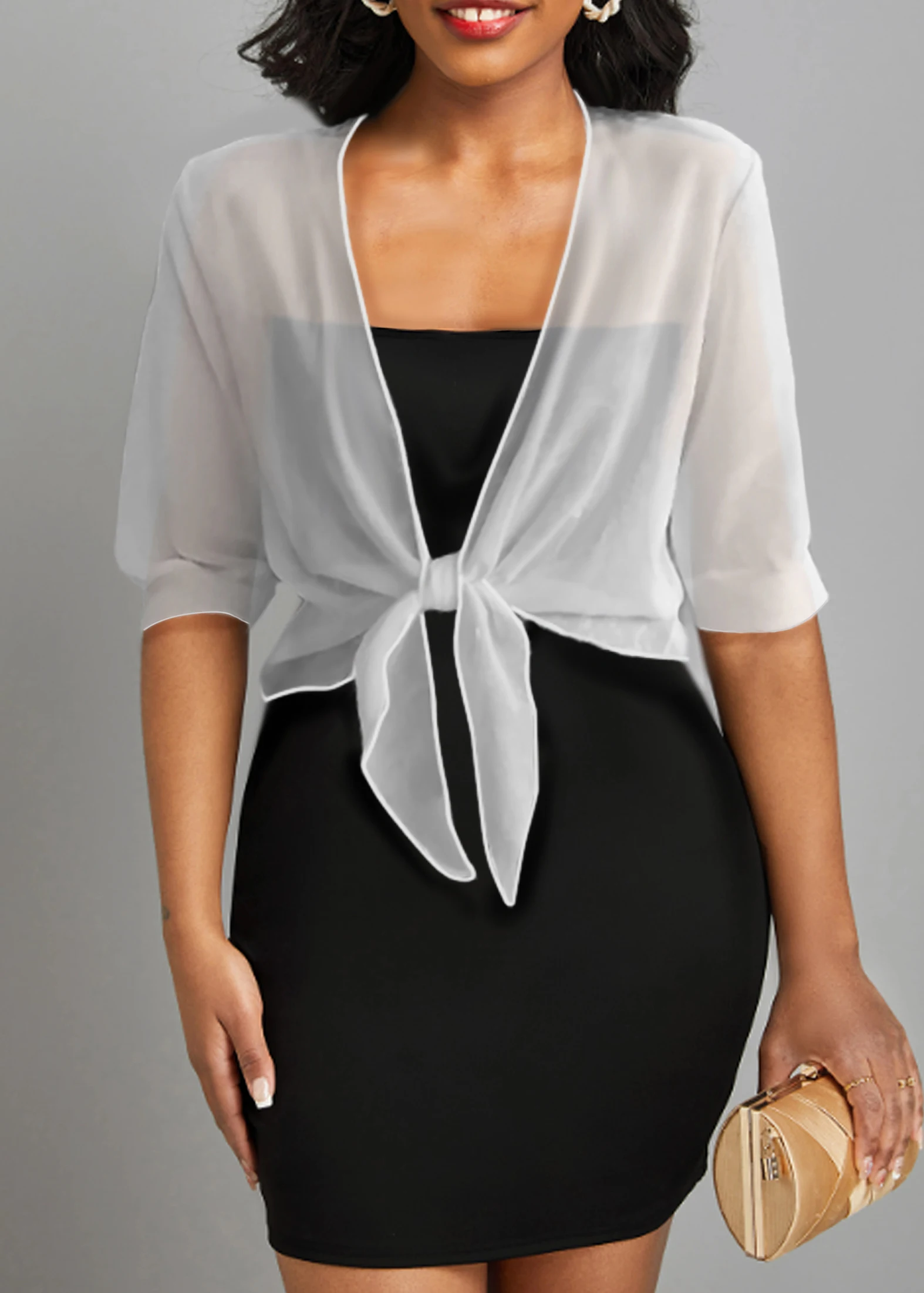 Elegant Tie-Front Blouse: Versatile Semi-Sheer Shawl, Solid Color, Easy-Care & Perfect for Every Season