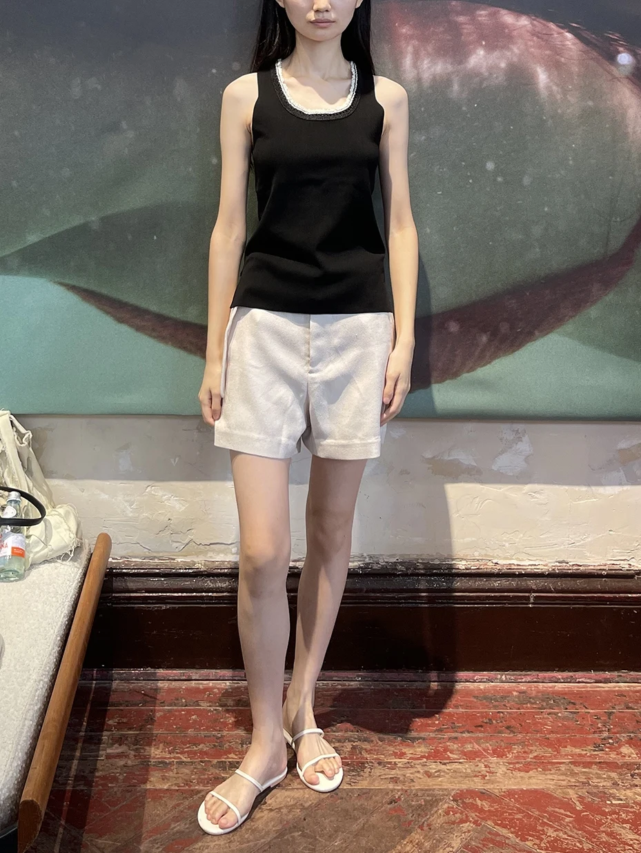 

Жилет XUZHI весна-лето 2024, свободного кроя, из смесового трикотажа с шелком, с бахромой, бежево-черный, оригинальный дизайн, женская верхняя одежда