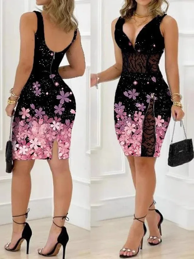 ارتفاع الخصر سليم صالح الدانتيل سبليت الدكتور Bodycon الدكتور الأوروبي Sle No Sve ألياف البوليستر النبات نمط الأزهار قطعة واحدة