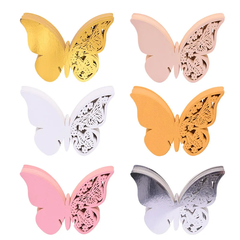 20pcs/10pcs Shiny Champagne Gold Silver Pink Butterfly Name Cards Seat Place Cards Wine Glass Cup Paper Card Wedding Party Decor view 2