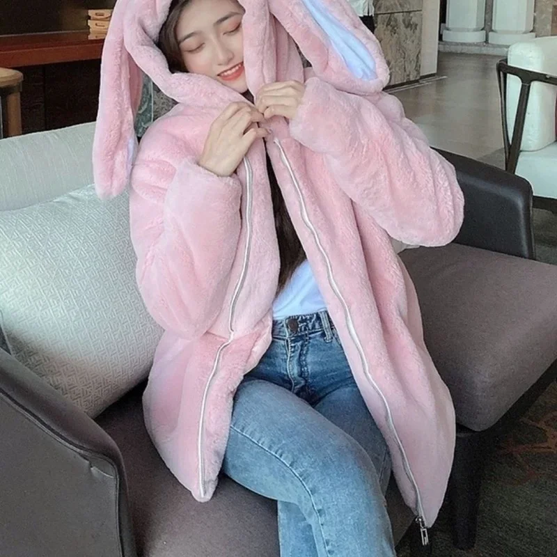 Hasen ohren imitieren Rex Kaninchen fell Plüsch Kunst pelz Mantel Frauen Kapuze dicke und warme Herbst und Winter Kawaii süße Jacke