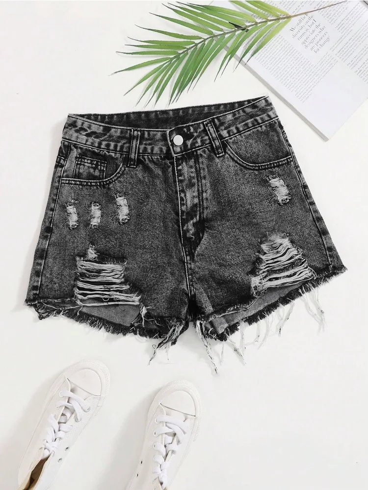 

2026 New Vintage Washed Denim Shorts Women High Waist Embroidered Frayed Hem Jean Shorts Streetwear Casual Summer Hot Pants