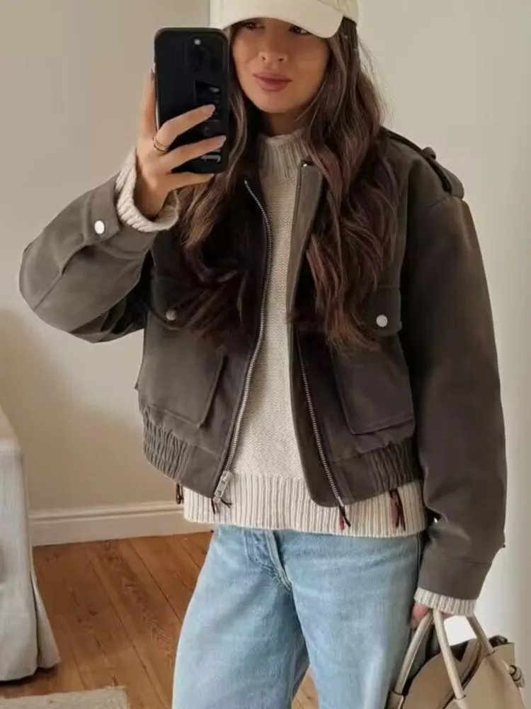 

Модная замшевая куртка для женщин, осень 2024, новинка, повседневная ретро-куртка с длинными рукавами и лацканами, декоративные куртки на молнии, верхняя одежда для женщин